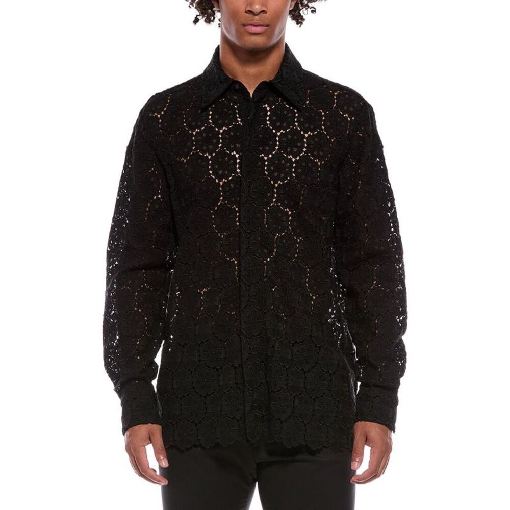 Valentino Mens  Embroidered Lace Shirt, Black